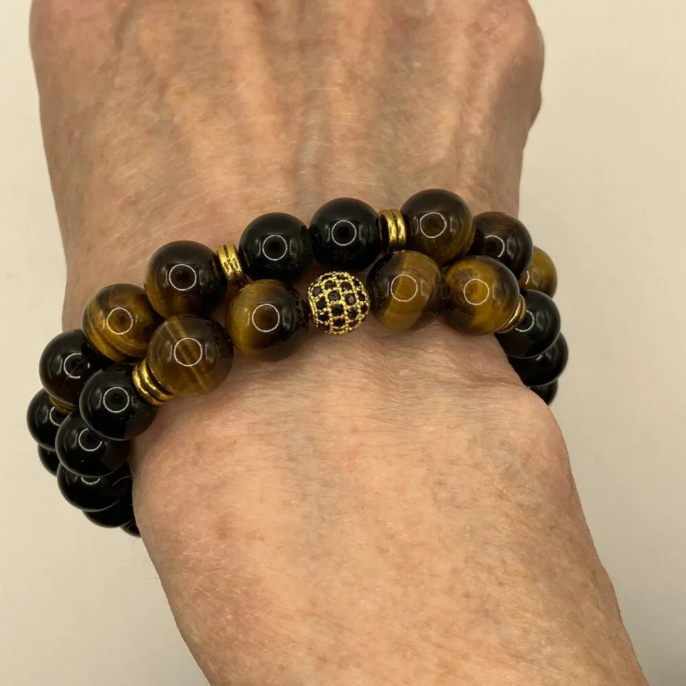 Tiger Eye Cubic Zirconia + Black Agate Gemstone 2-strand Bracelet Brand New